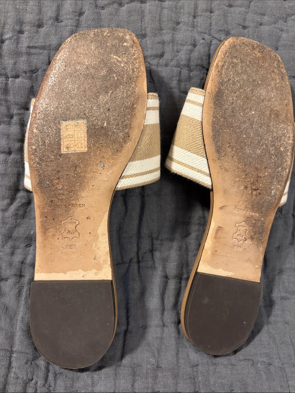 Tory Burch Beige and Cream Canvas Slide Sandals - Picture 2 of 4